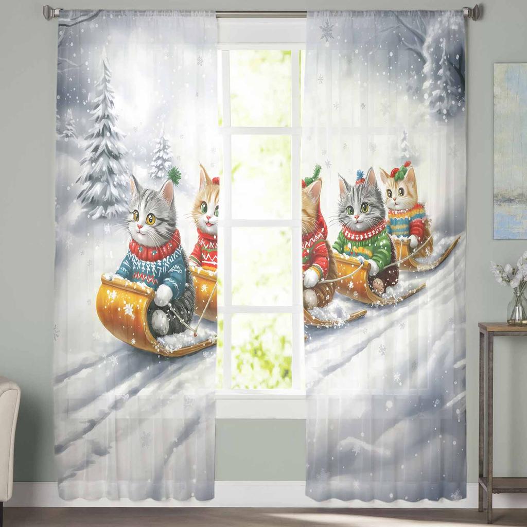 Skiing During Christmas And Winter Curtains For Living Room Bedroom Home Decoration Window Voile Tulle Curtain Drapes
