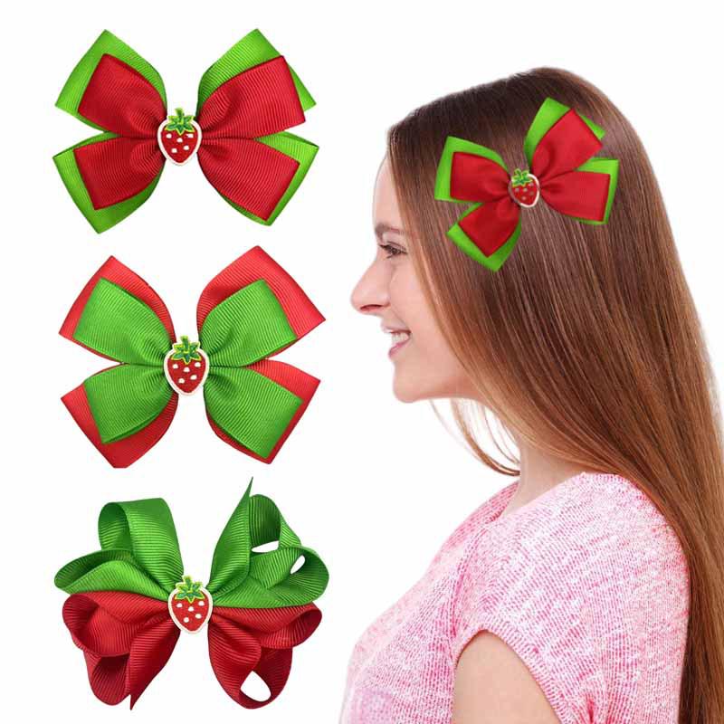 Świąteczna spinka do włosów z kokardką truskawkową dla dziewczynek - Dwwarstwowy, jednokolorowy dodatek do włosów