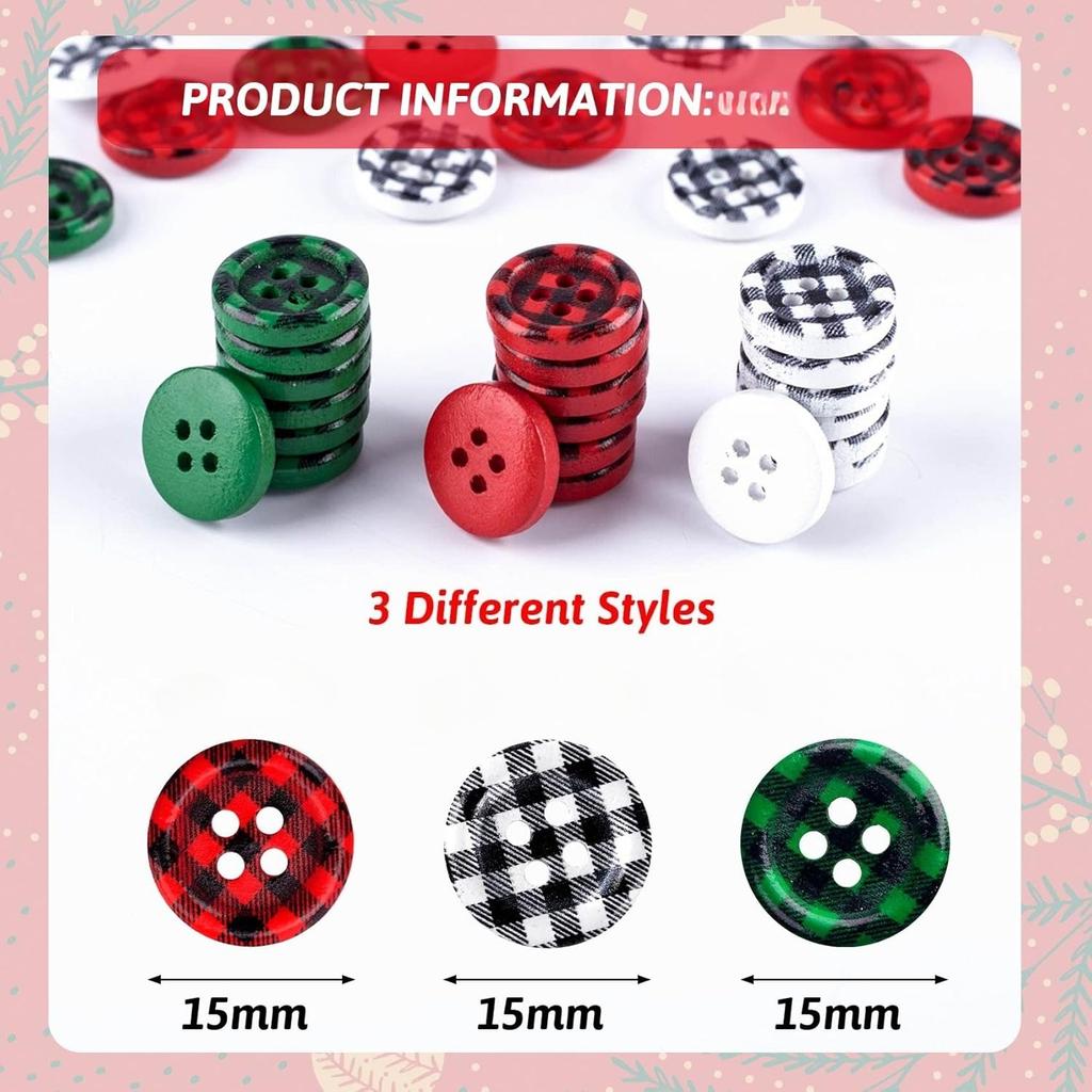 30Pcs Christmas Buffalo Check Wooden Buttons, 4-Hole, 20mm/0.79inch, Perfect for Christmas Sock Decor, DIY Crafts