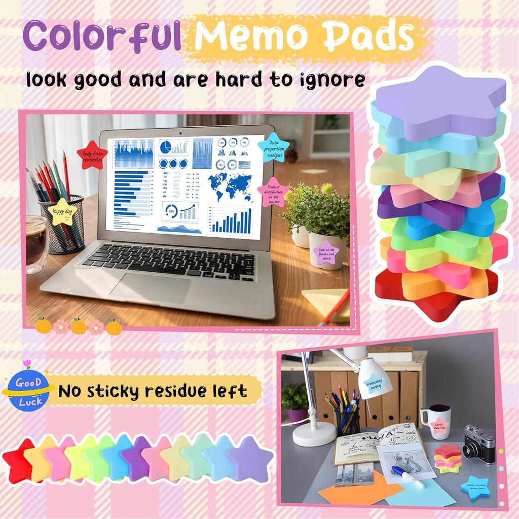 12 Pack (360 Sheets) Star Sticky Notes - 12 Colors Self-Stick Page Tab Note Pads, 3x3 Inch Cute Shape Adhesive Notes for Office