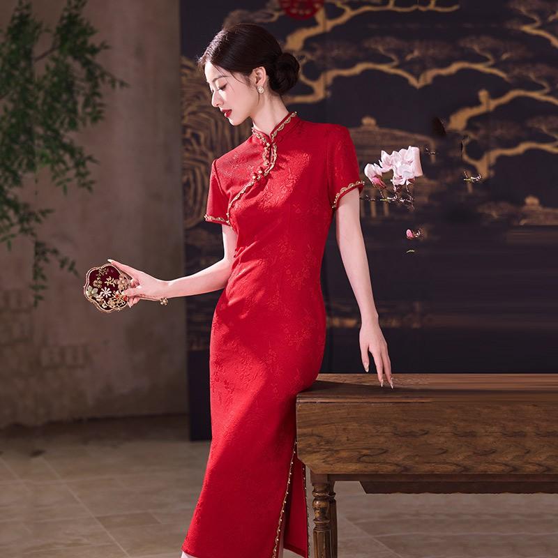 Modern Red Cheongsam Dress Women Vintage-Inspired Wedding Guest Outfit Short Sleeve Stand Collar Formal
