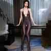 Sexy tiefer V-Ausschnitt Glänzender Schrittloser Bodystocking für Damen Durchsichtige Strumpfhose Glänzender Jumpsuit Einteiler Dessous Clubwear Ootd