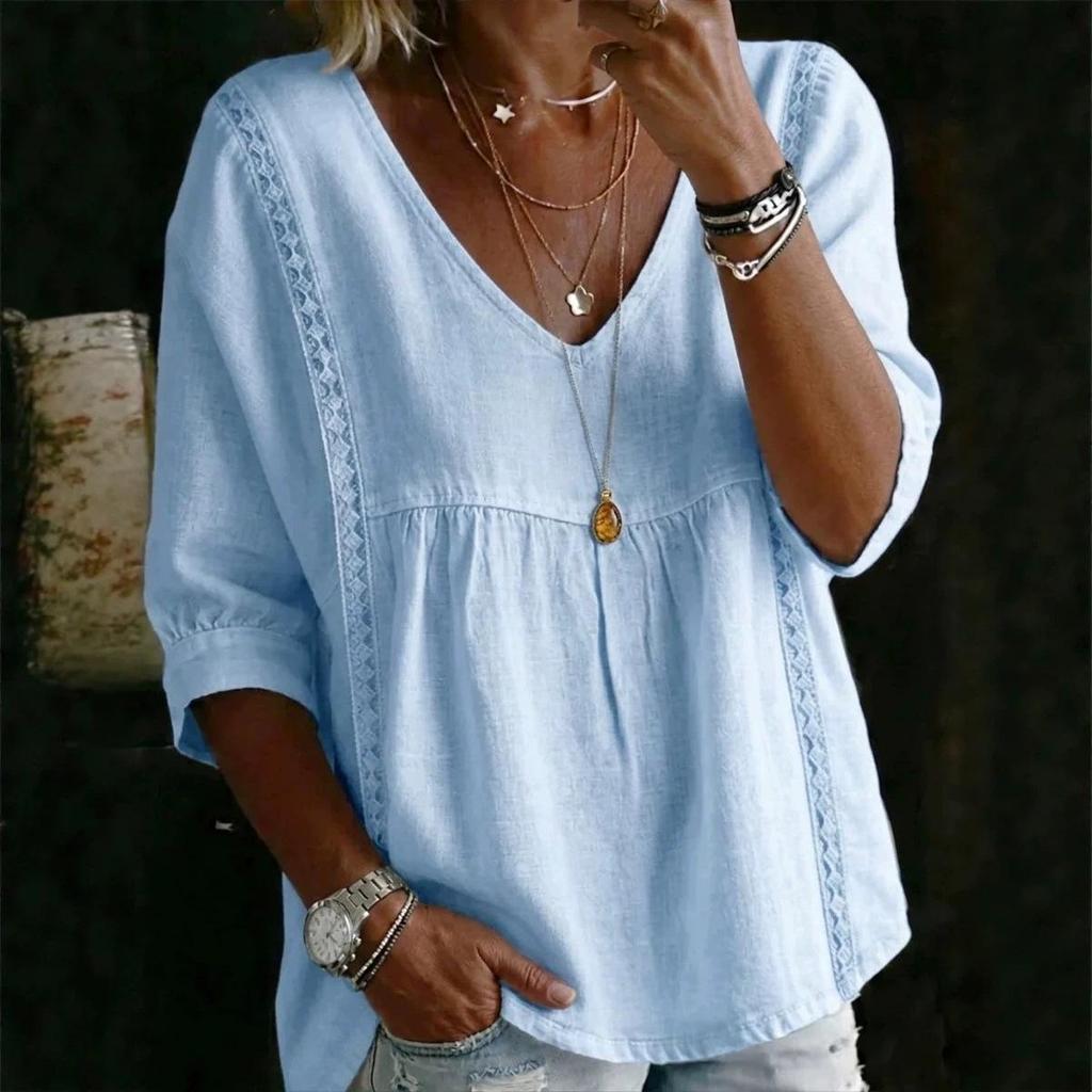 2026 Lace V-Neck Pullover Solid Color Women's Casual 3/4 Sleeve Top