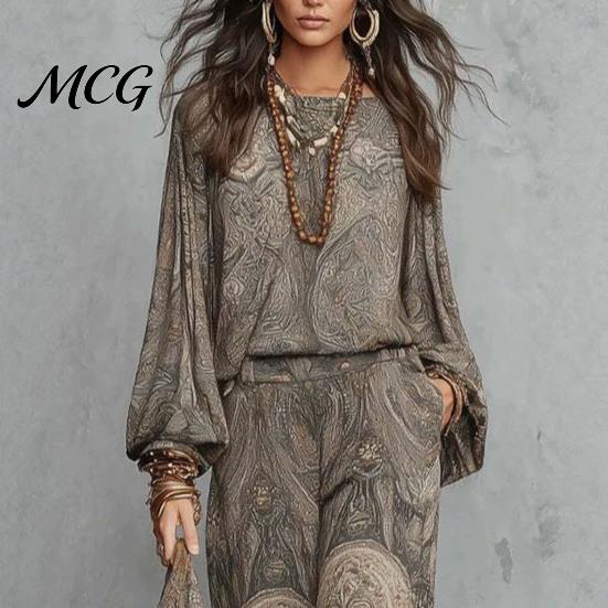 Apple Shape Clothing Women Boho Print 2 Piece Sets for Women, Casual Long Sleeve Top Daily Wear Wide Leg Pants Matching Sets, Summer Loose Travel