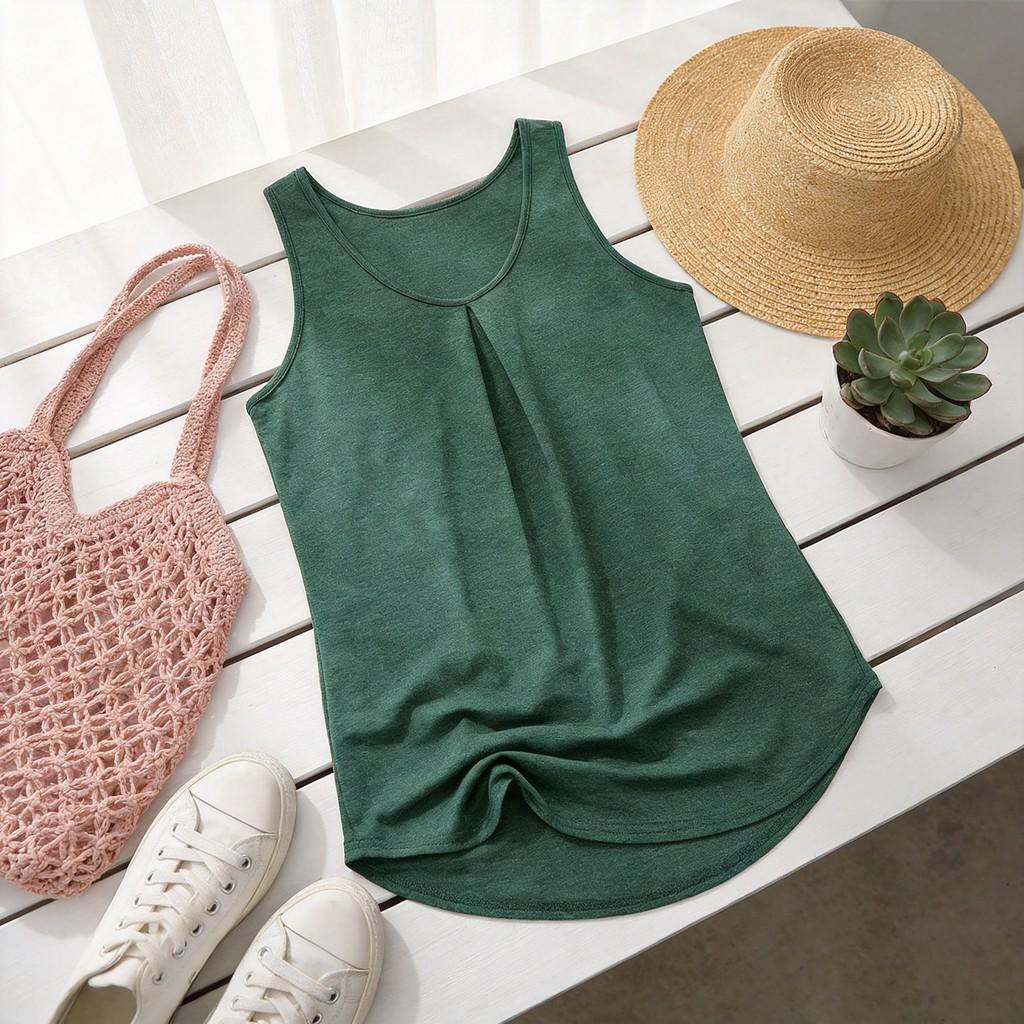 Summer Basic Cotton Sleeveless T Shirt For Women With Pleated Design For Casual Outfits