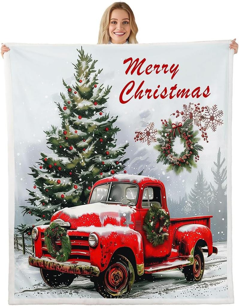 Christmas Throw Blanket Watercolor Red Truck Decor Fleece Blanket for Kids Teens Adults Green Xmas Trees Yellow Polka Dots Fuzzy