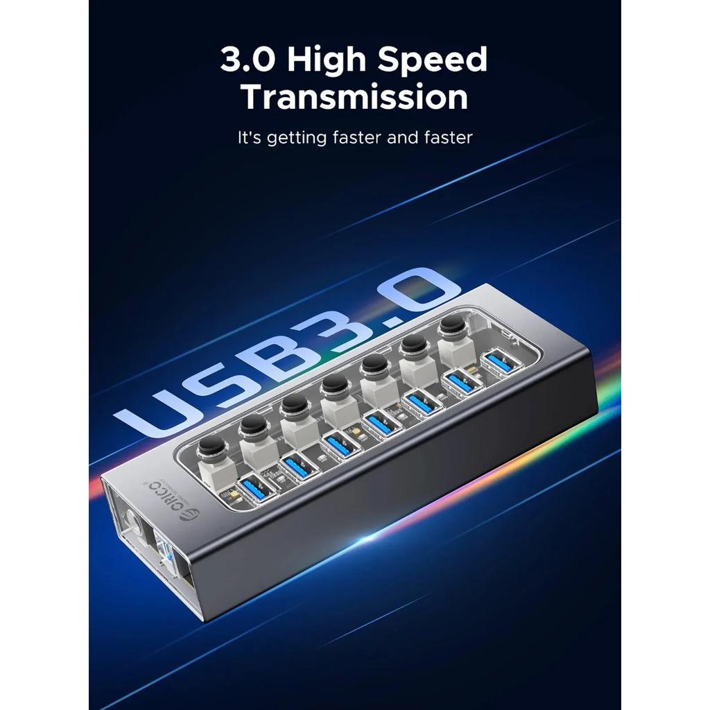 ORICO USB3.0 Hub Aluminum Industrial 7-Port Splitter Split Switch with 12v Power Adapter for Macbook Mobile Phone Tablets
