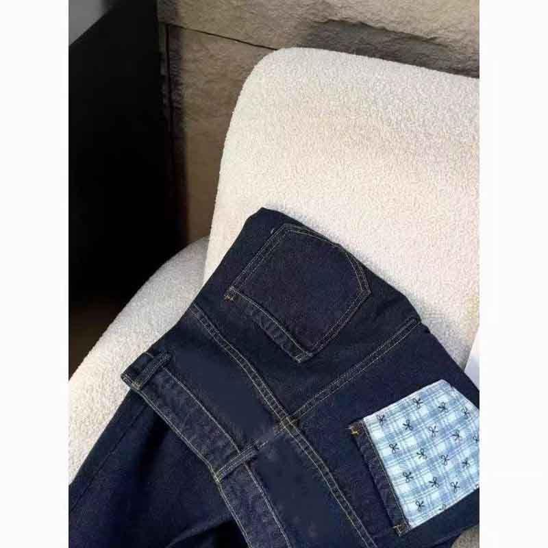 Women's High-Waist Dark Blue Denim Pants - Winter Lazy Style with Contrasting Letter Embroidery and Plus Velvet Wide Leg Design.