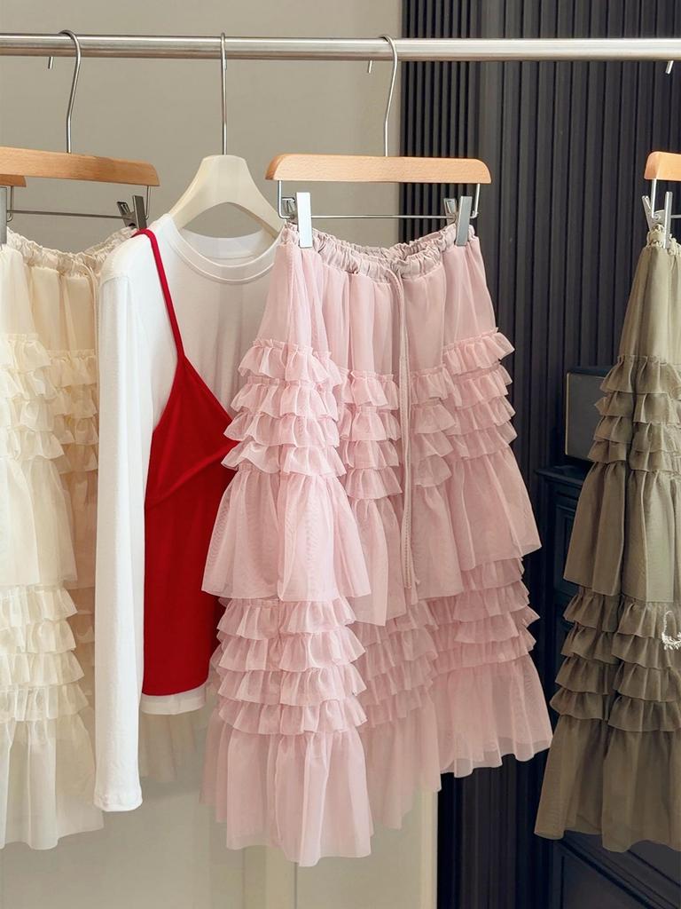 Korean Style Layered Lace Midi Skirt with Elastic Waist - Spring Fluffy Gauze Skirt for Women