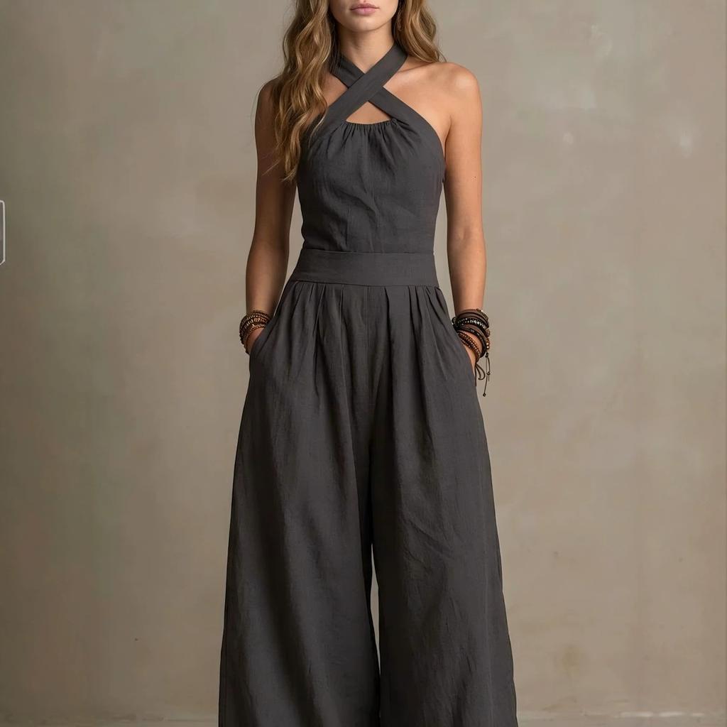 2026 summer new neck cross jumpsuit, European and American style waist back wide-leg pants, cross-border women's clothing