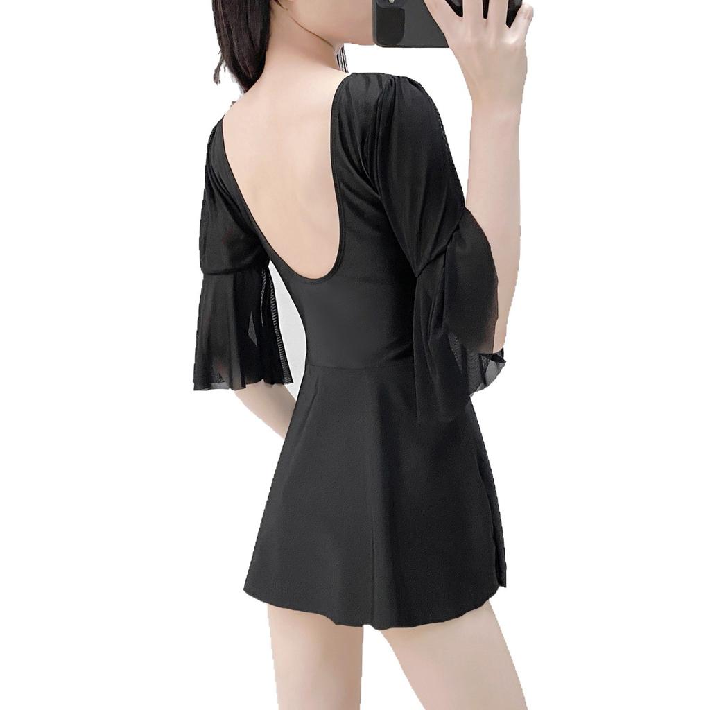 Einteiliger Badeanzug, sexy V-Ausschnitt Bauchbedeckendes Kleid, rückenfreies Raffung, dünner tief ausgeschnittener Rock, Thermalbad Strand