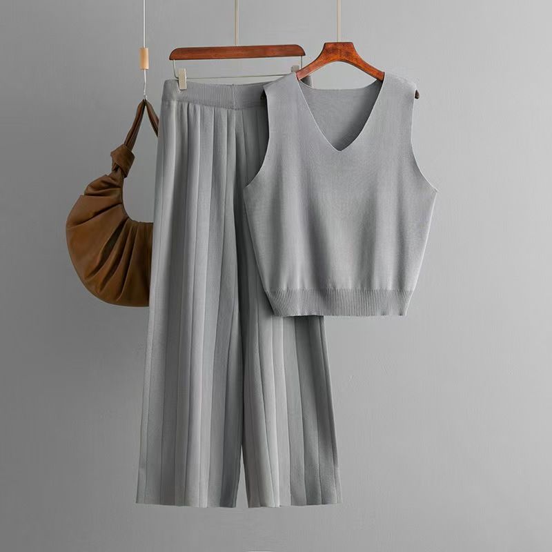 

Fashion Wind New Arrival Knitting V Neck Vest Loose Pants Two-Piece Suit Knitted Vest and Pants Set Grey All yards