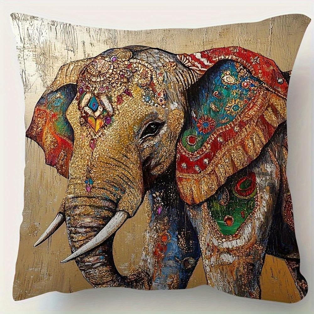 2D Flat- Bohemian Luxury Elephant Print Throw Pillow Cover Vintage Gold Texture Decorative Cushion Case