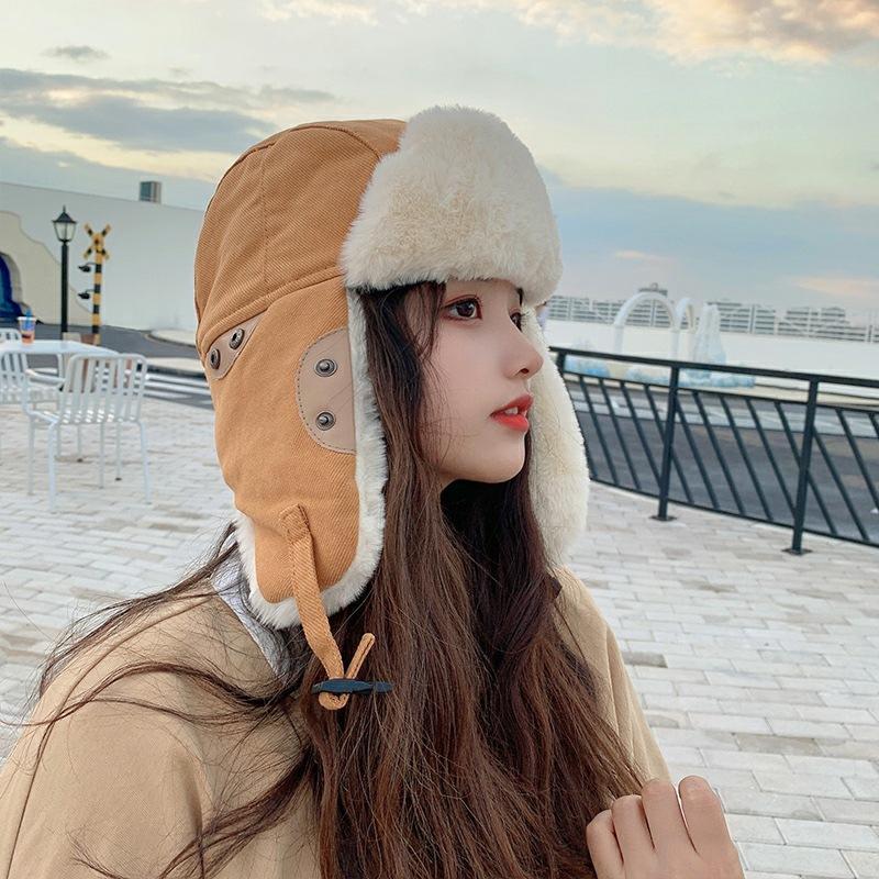 Unisex Winter Cycling Thickened Earflap Windproof Flight Hat Versatile Cotton Padded Lamb Wool Korean Style Ushanka-Style Hat