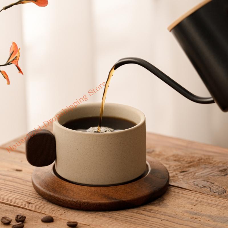 Elegant Handcrafted Ceramic Tea Cup With Wooden Base Terracotta Mug For Coffee Lover And Unique Decoration Enthusiasts 85AD
