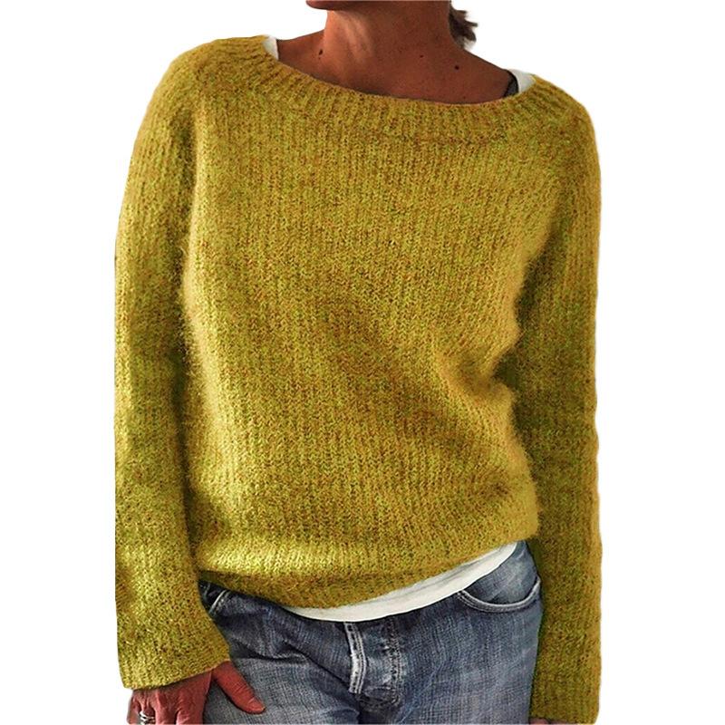 Women s Round Neck Long Sleeve Solid Color Knit Sweater Slim Fit Basic Casual Pullover S жёлтый