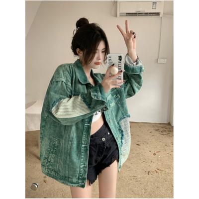 Women's Spring and Autumn Personality Do Old Denim Jacket Long Sleeve Color Blocking Design Jacket