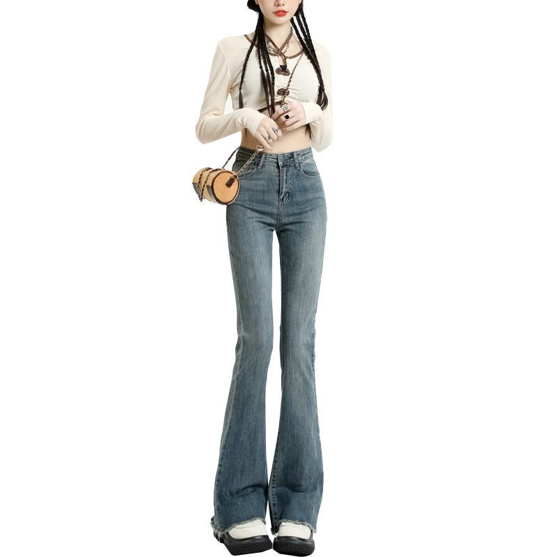 Spring/Summer Women's Black-Gray Frayed Micro-Flare High-Waisted Jeans