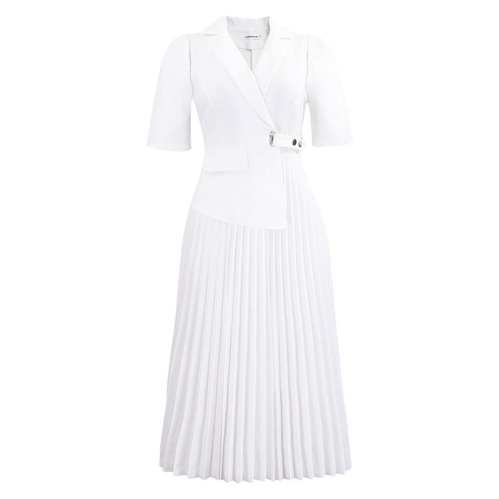 Women's Lapel Collar Three Quarter Sleeve Midi Pleated Dress Fitted High Waist Elegant Solid Office Commute Dress