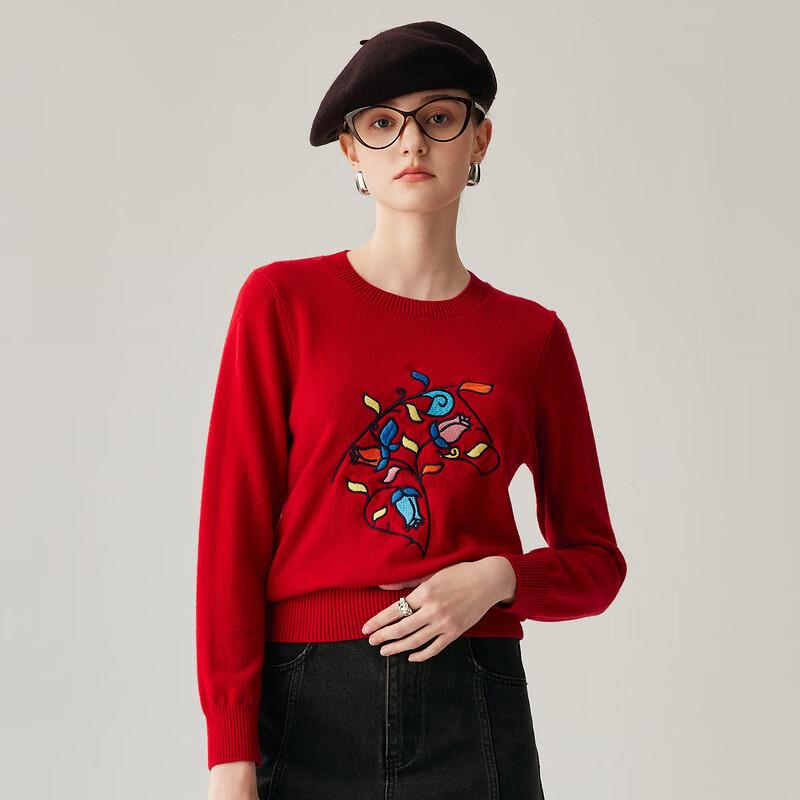 Women's Round Neck Cashmere Floral Knit Sweater
