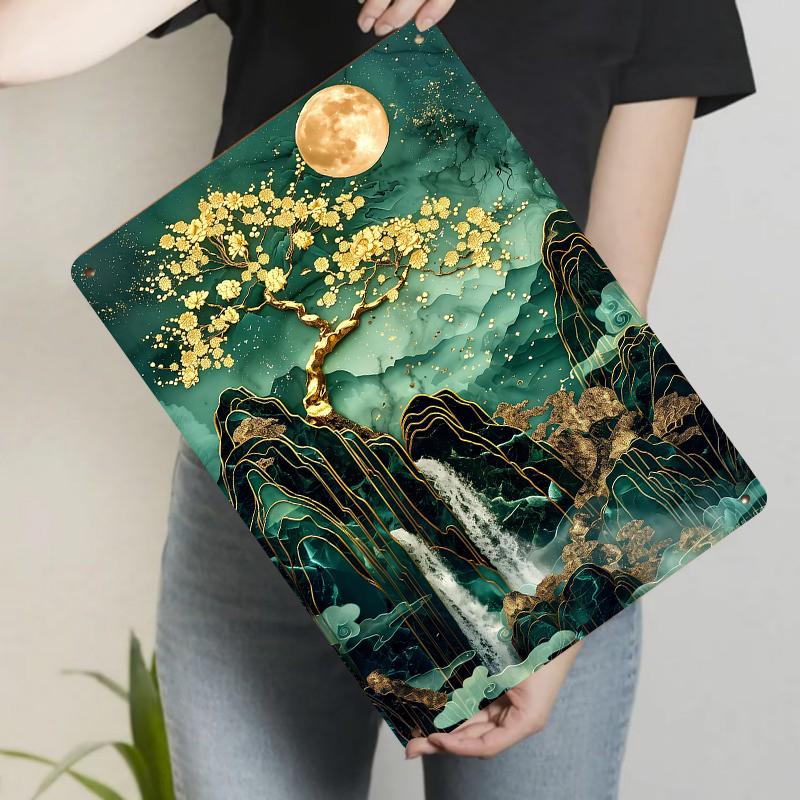 Chinese Style Landscape Golden Waterfall Painting Metal Iron Wall Art Living Room Decor 20x30cm(7.8x11.8inch)