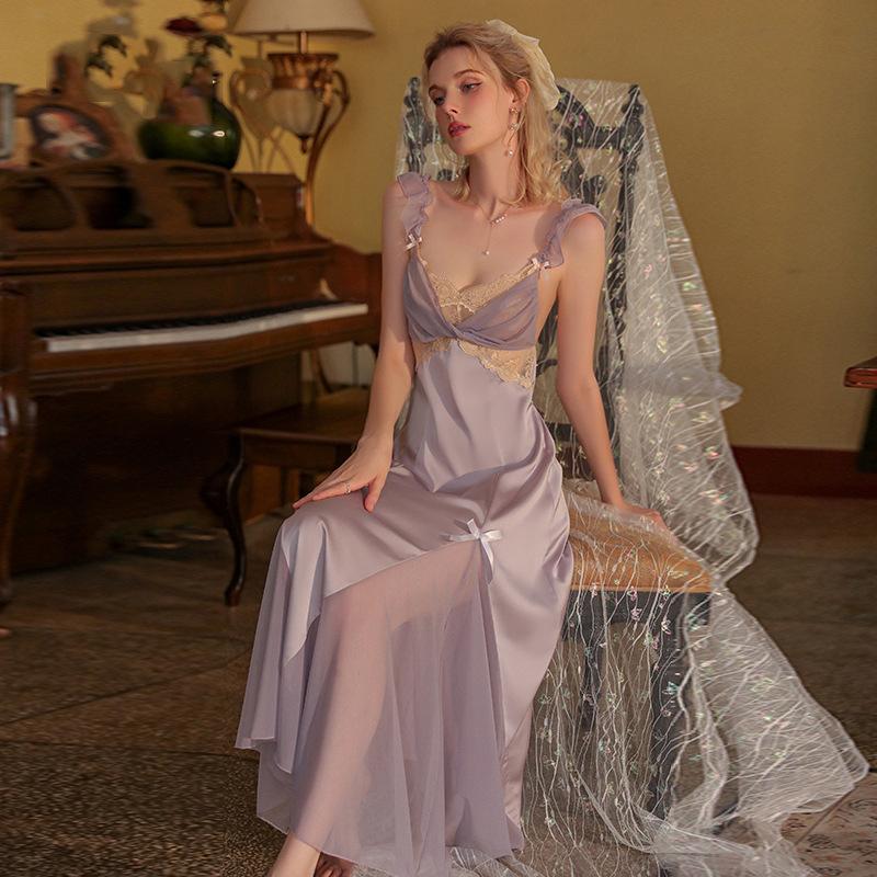 Fee Lila Französisch Sexy Pyjama Spitze Langes Kleid Hohes Gefühl Eis Seide Träger Nachthemd Reiner Prinzessinnen Stil