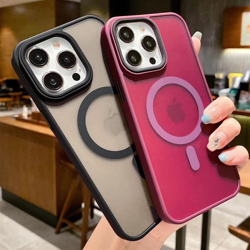 Frosted Translucent Magnetic For Magsafe Case For iPhone 15 14 13 12 11 Pro Plus Max Wireless Charge Solid Armor Bumper Matte Cover