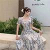 Blue Oil Painting Floral Dress Women's Summer New Square Neck Bubble Sleeves Waist Thin Medium and Long Skirt