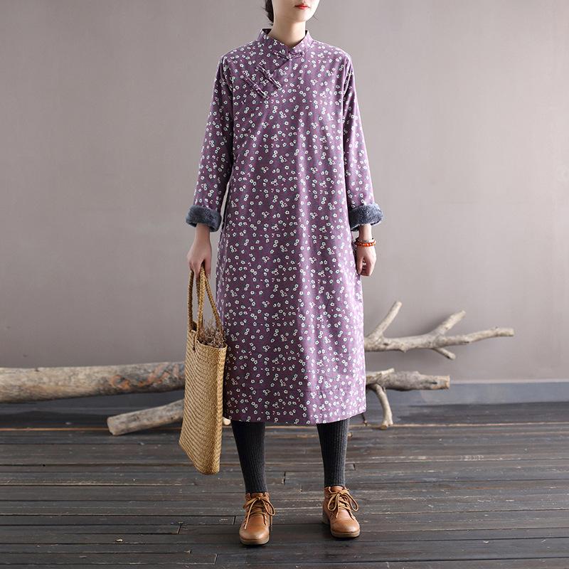 Johnature Women Loose Padded Dress Vintage Print Floral Stand Long Sleeve Dresses Winter Chinese Style Casual Clothing