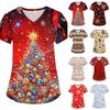 Women's Christmas Printed V-Neck Scrub Top Short Sleeve Caregiver