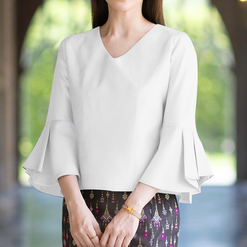 

ZANZEA Женская повседневная блузка с круглым вырезом, рукавами 3/4 и расклешенным низом, свободного кроя 2XL белый