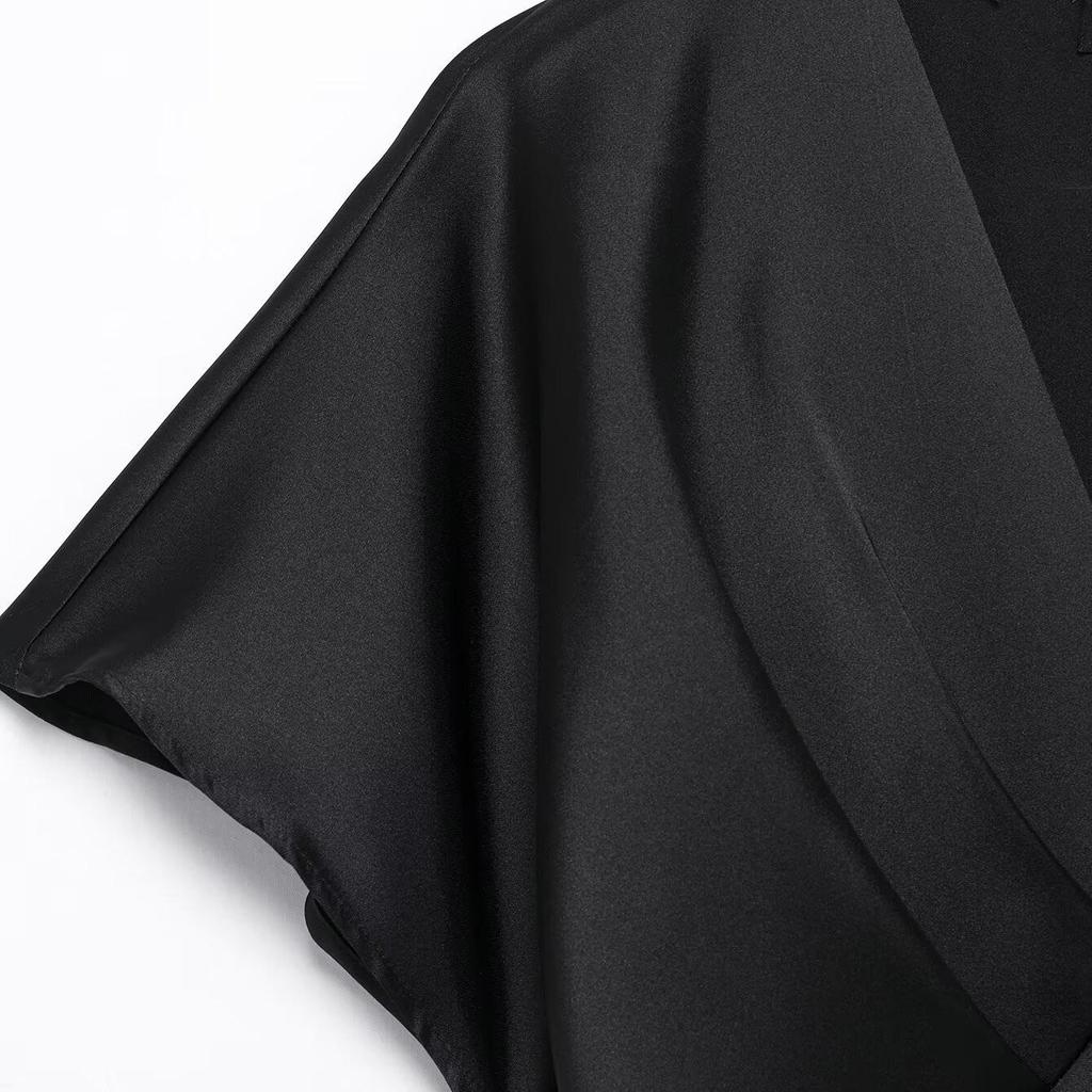 2025 Spring Women's Silk Satin V-Neck Dress: Fashionable, Slim Fit, Short-Sleeved