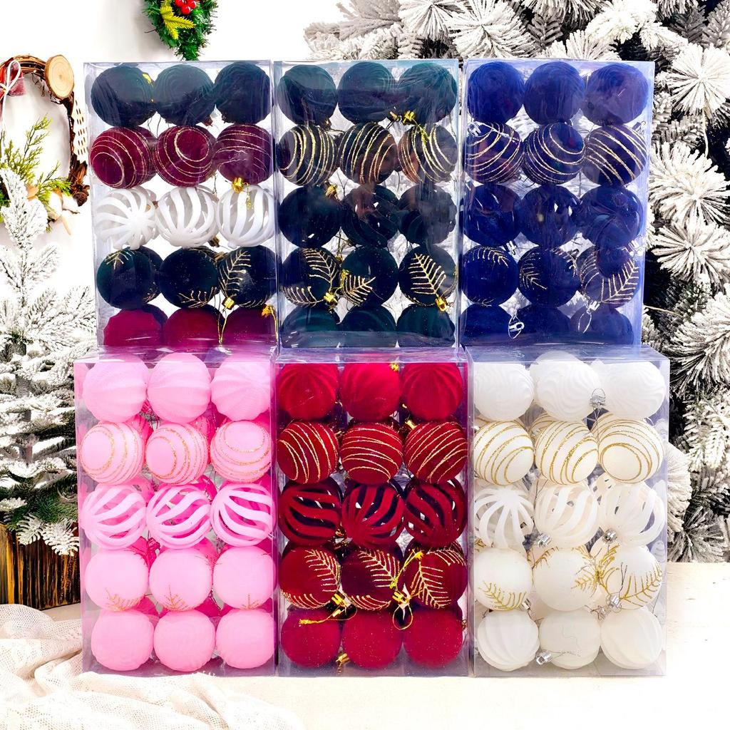 Velvet Flocked 6cm Plush Fabric Christmas Tree Ornaments, Set of 30 Pendants