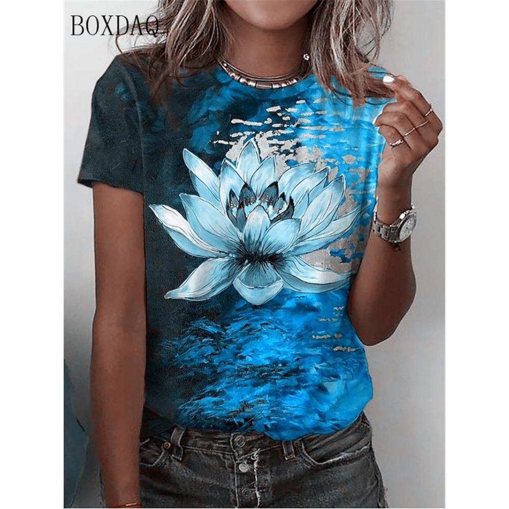 Women Floral T-Shirts Summer Short Sleeve 3D Flower Print Street Tie-dye Ladies Tees O-Neck Casual Tops