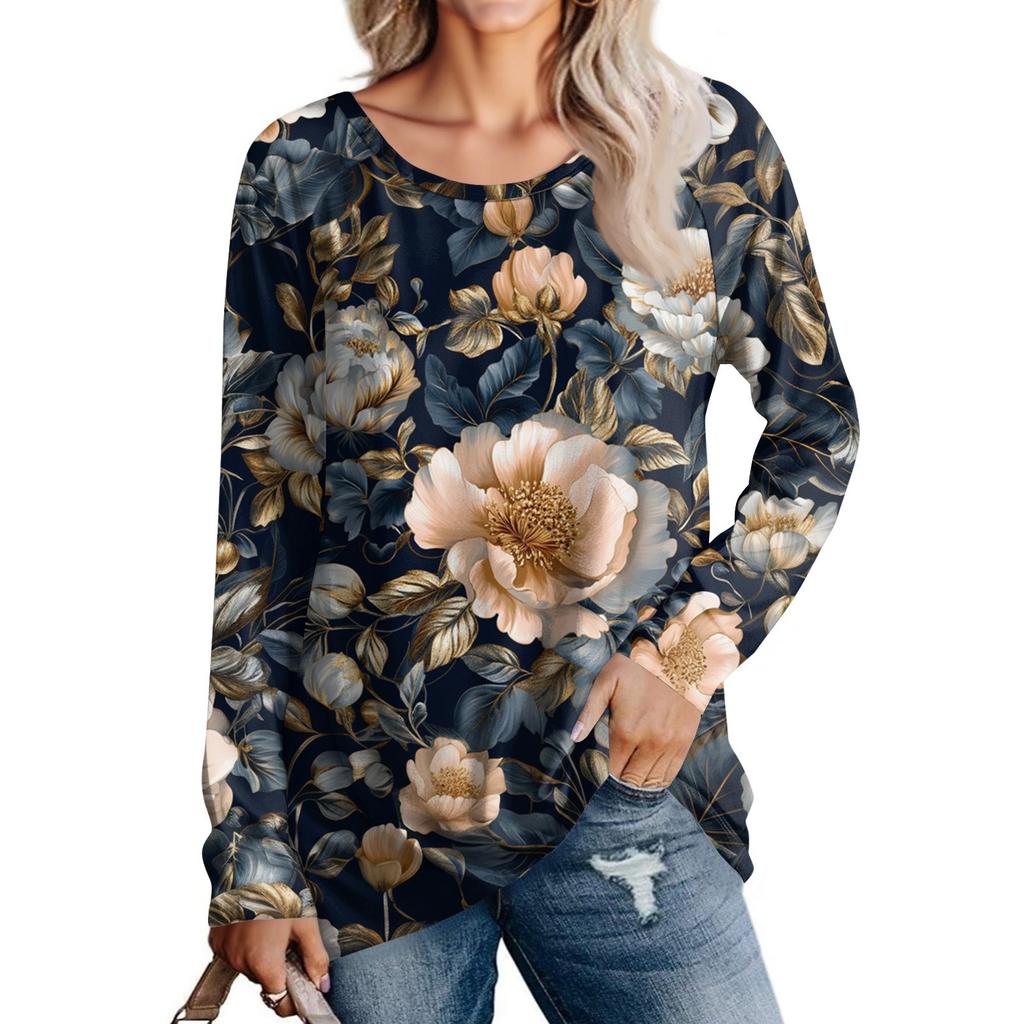 Damenmode Lässig Langarm Print Rundhals Pullover Top Bluse