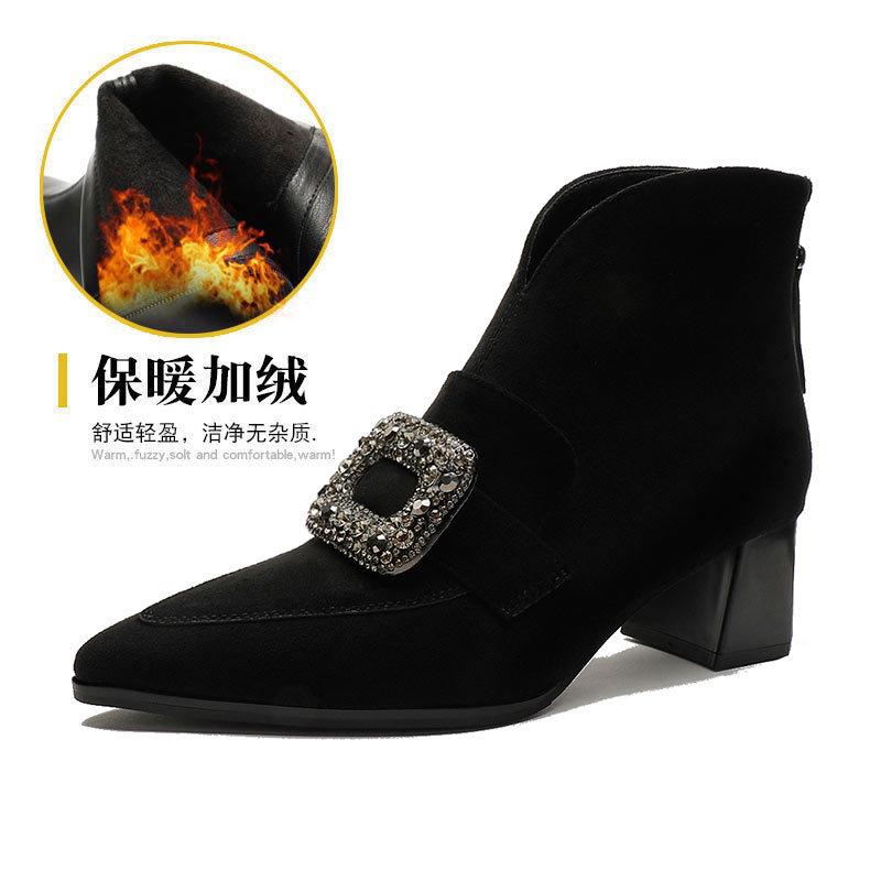 thick-heeled short boots women's new short women's boots retro v-mouth high-top shoes rhinestone square buckle pointed deep-mouth single shoes