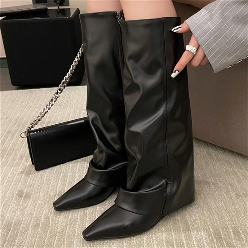 Eilyken New Design Splicing Wedges High Heels Women Knee-High Long Boots Pointed Toe Zipper Female Shoes