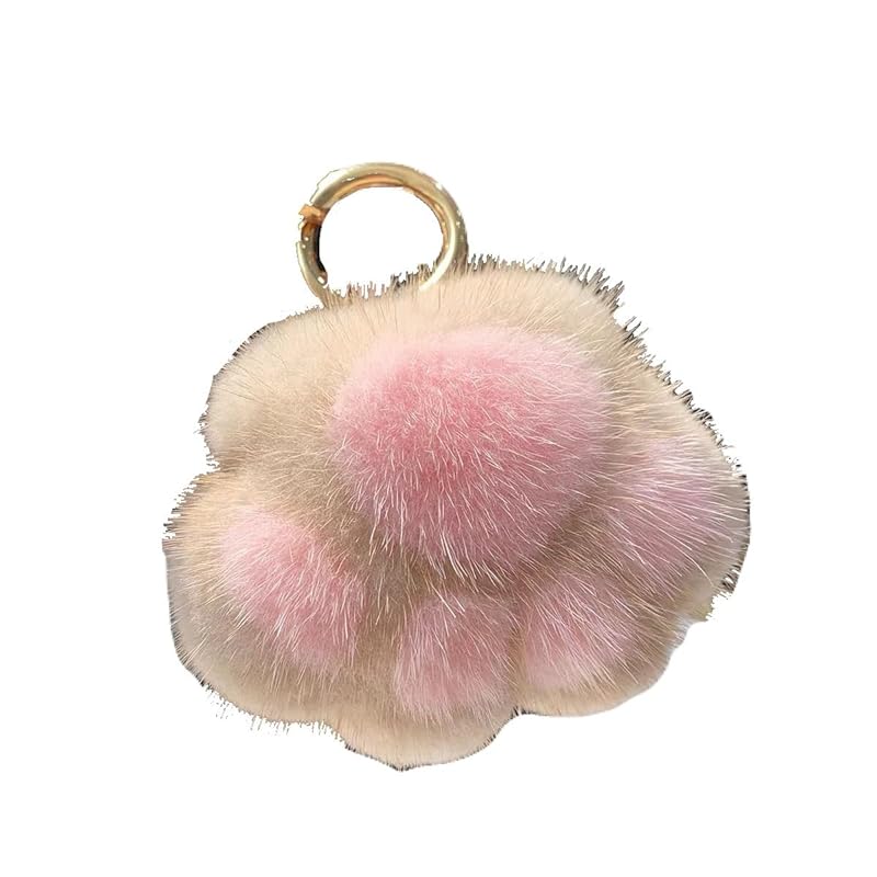 

[AVANCE] paws dog cat fur charm key ring key ring cute Fluffy pom pom Popularity accessories ladies (Beige x Pink)