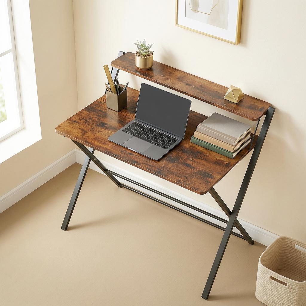 Compact Folding Desk For Small Spaces With Storage Shelf For Home Office Rustic Brown