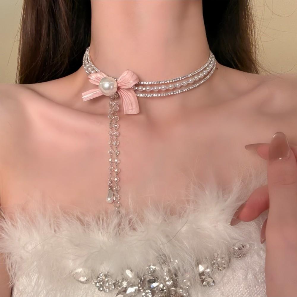 Tassel Pearls Rhinestone Choker Zinc Zinc Alloy Shiny Neck Jewelry Personalized Bow Beads Necklace  Banquet