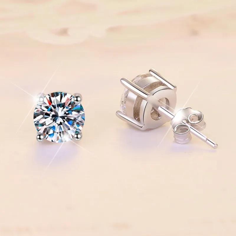 Fin Jewel GRA VVs1Moissanite Earrings 0.8CT/1Ct/2Ct Round Bright Cut 925 Sterling Silver VVs1Moissanite Stud Earring for Woman