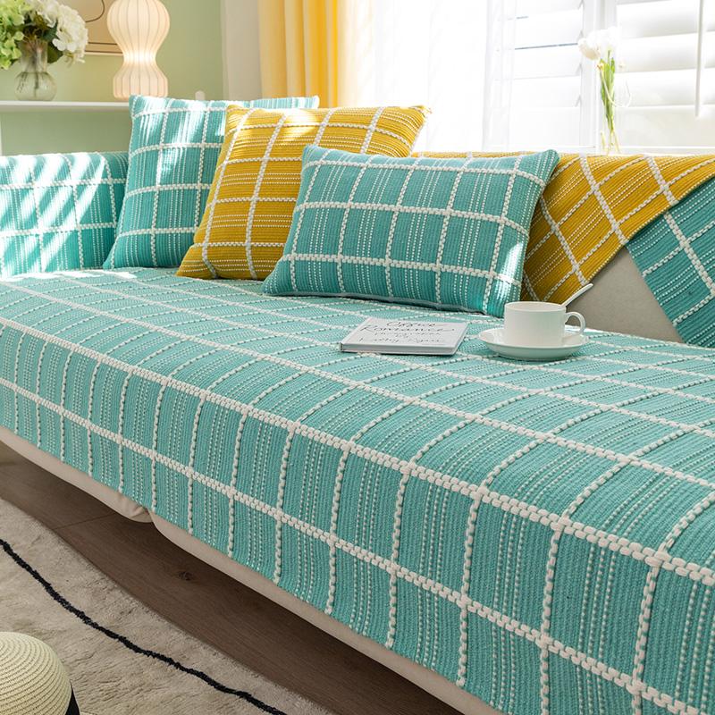 Gray Sofa Cushion Cotton and Linen Thickened, Universal for All Seasons, Simple Modern Anti-slip Plaid Sofa Cover with Cloth Towel