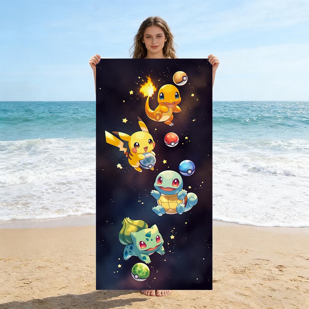 P-Pokemon Starry Sky Beach Towel, Cute P-Pikachu & Kanto Starters Bath Towel, Super Absorbent for Swimming Pool 40X60CM
