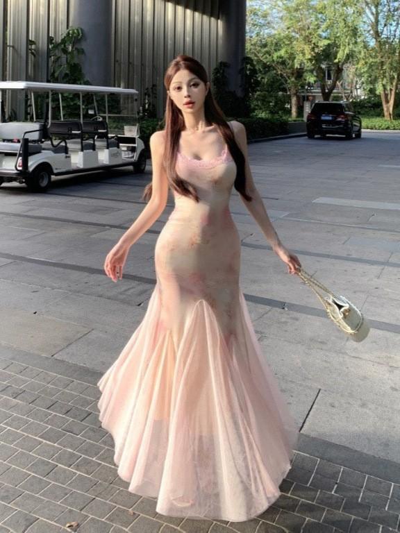 Pure desire wind floral mesh suspender dress women's summer temperament waist seaside vacation hip fish tail long skirt