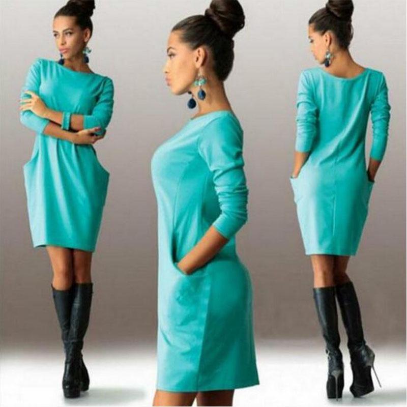 Elegant Summer Solid Casual O Neck Long Sleeve Bodycon Dress With Pockets
