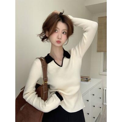 Temperament contrasterende coltrui gebreide trui dames lente en herfst niche mode slank vallend basis shirt en dun topje
