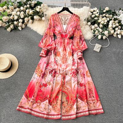 Elegant Party Dresses 2024 Fashion V Neck Long Sleeve Vintage Print Chiffon Maxi Dress Spring Vacation Long Dresses For Women