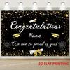 Elegant Graduation Backdrop, Sleek Black and Gold Design with Customizable Name, Graduation Icons and Twinkling Lights, Festive Party Wall Decor