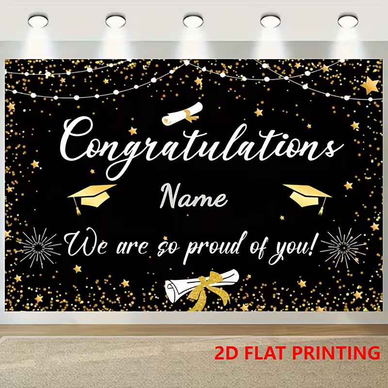 Elegant Graduation Backdrop, Sleek Black and Gold Design with Customizable Name, Graduation Icons and Twinkling Lights, Festive Party Wall Decor
