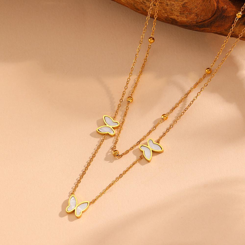 INS Style Titanium Steel Sweet Butterfly Pendant and Double Layer Bead Clip Jewelry Set for Women